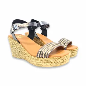 Blusandal Women's High Wedge Platform Sandals Black Leather Cushioned Insole 70402